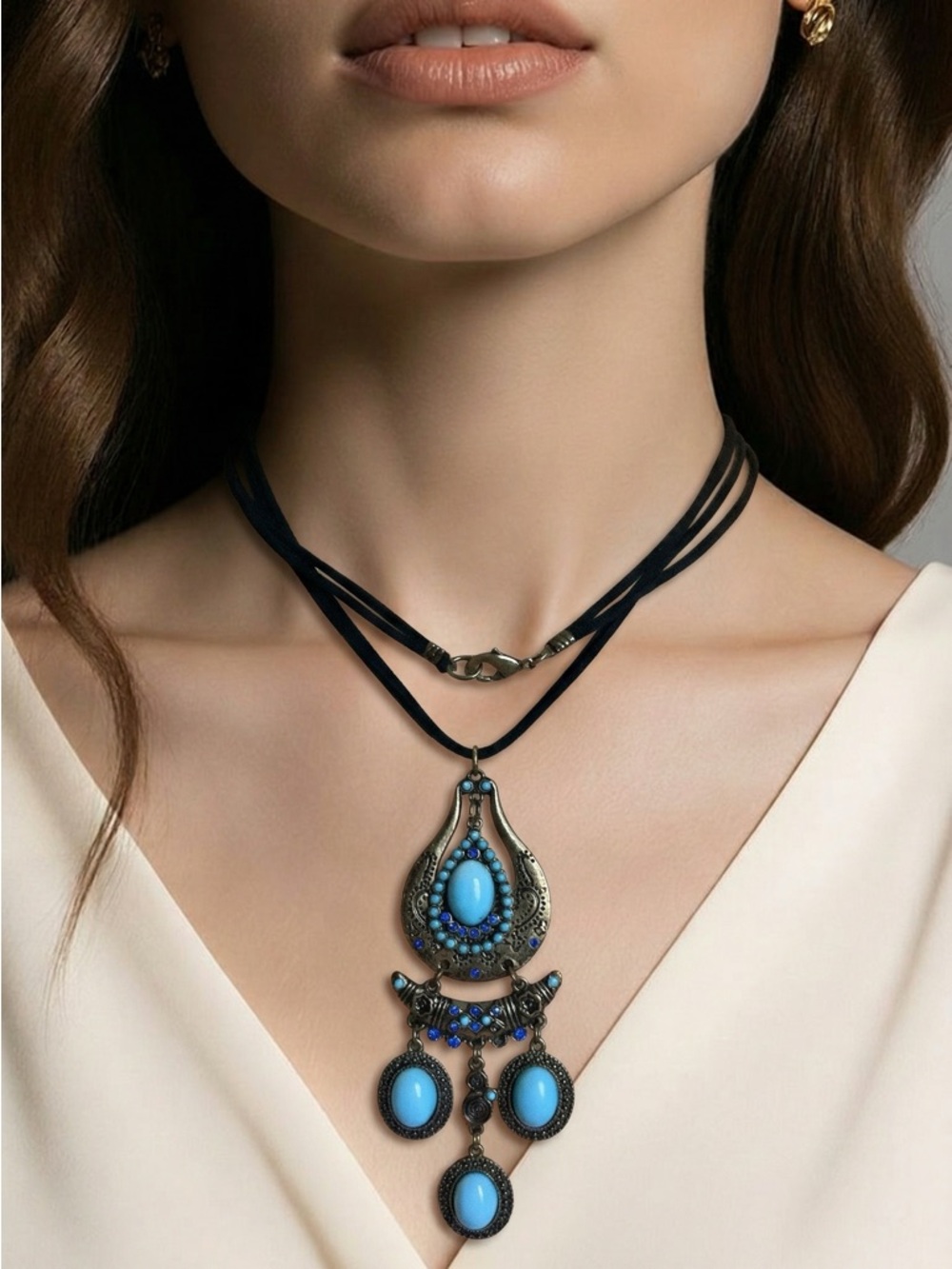 Bohemian Blue Stone Multi-Drop Pendant Necklace - Women Jewelry